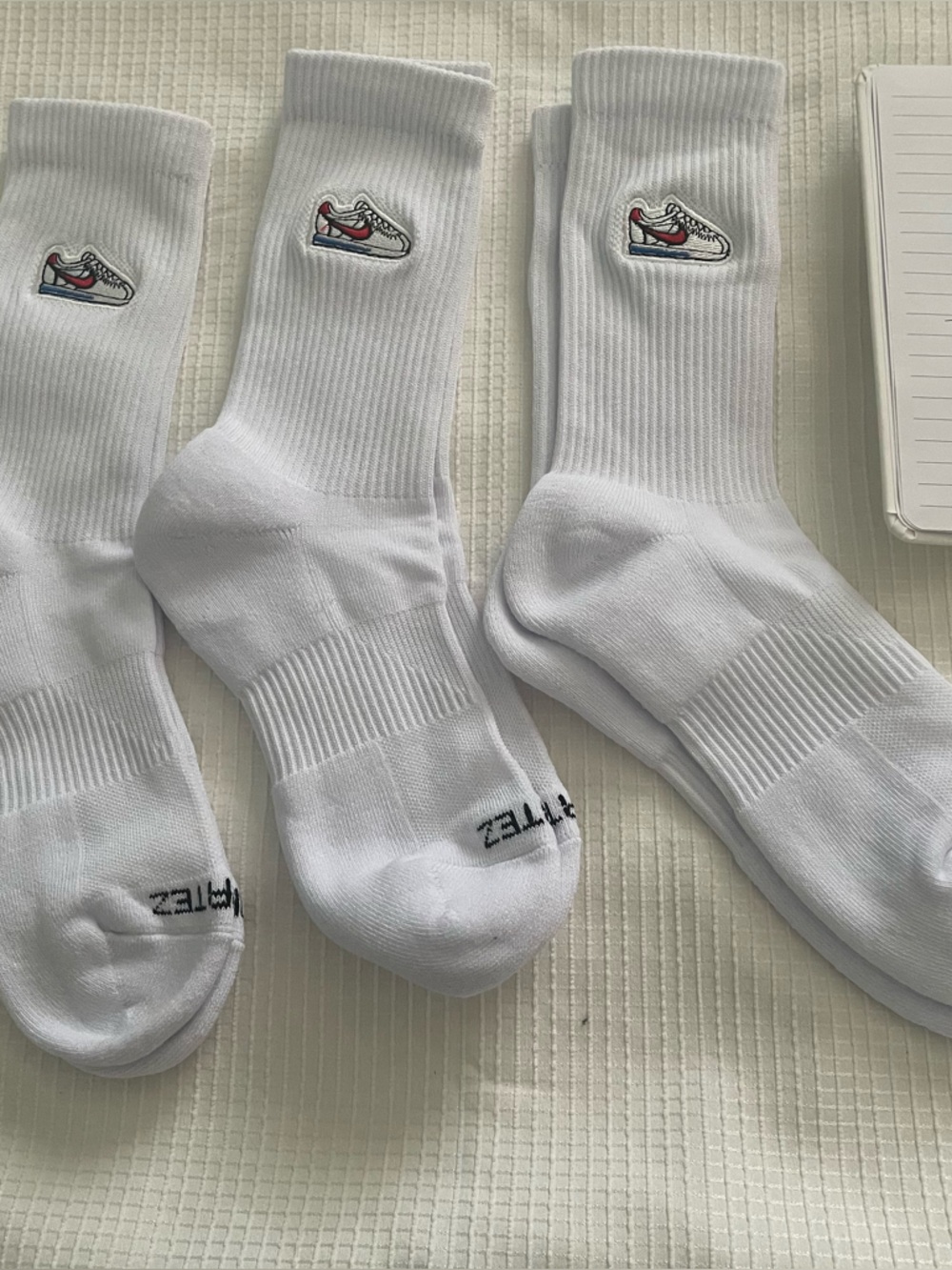 Nike White Crew Athletic Socks with Sneaker Embroidered Patch